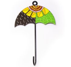 Handpainted Umbrella Design Iron Wall Hook with Traditional Indian Motifs
